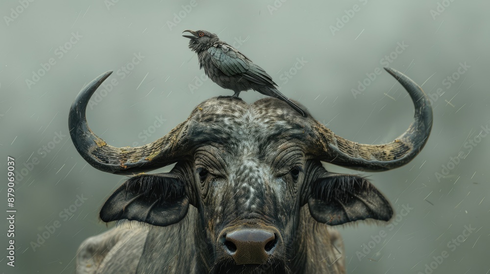 Naklejka premium African Buffalo with a Bird on Its Head