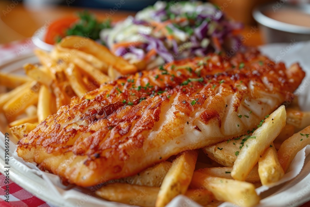 Battered fish, crispy fries, and creamy coleslaw served on a white plate Battered fish, crispy fries, and creamy coleslaw served on a white plate