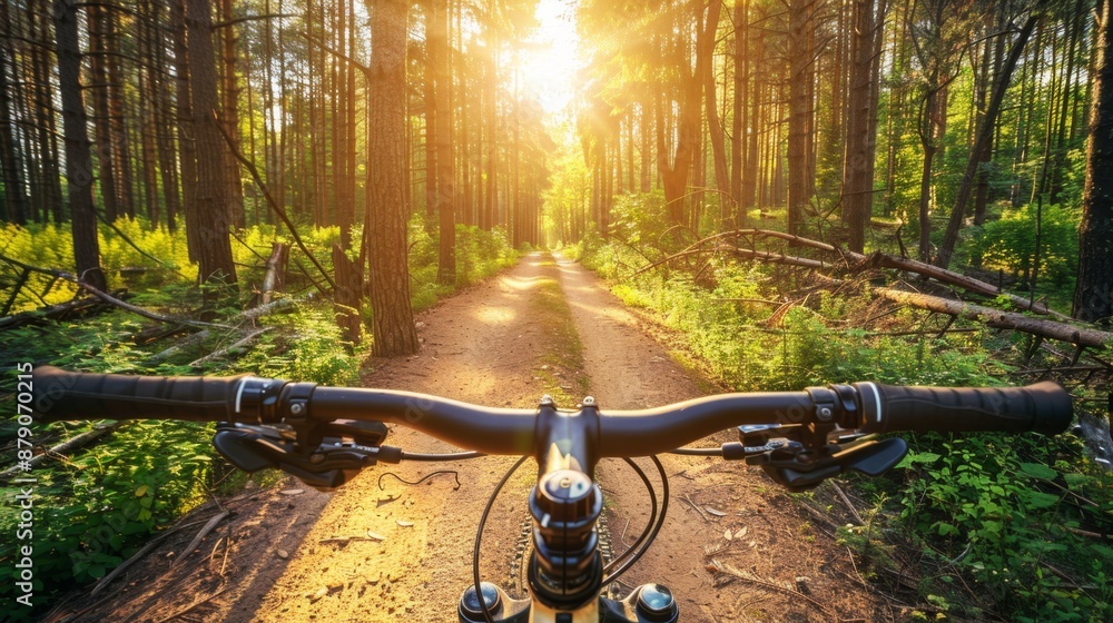 Mountain Biking Through a Forest at Sunset. Mountain Biking Through a Forest at Sunset.