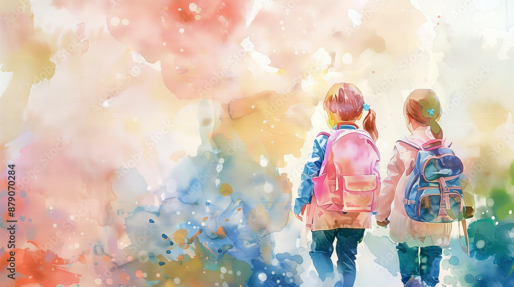 Fototapeta premium Watercolor painting of two children with backpacks walking into a colorful background