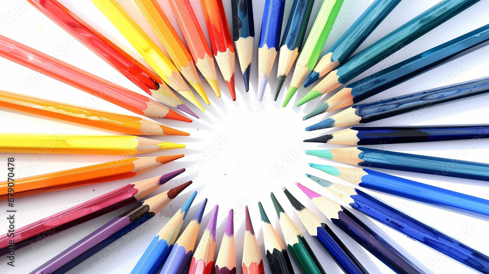 Colorful pencils arranged in a radial pattern on white background
Colorful pencils arranged in a radial pattern on white background