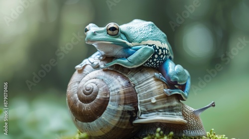 Blue and Green Frog on Snail Shell in a Forest Setting
