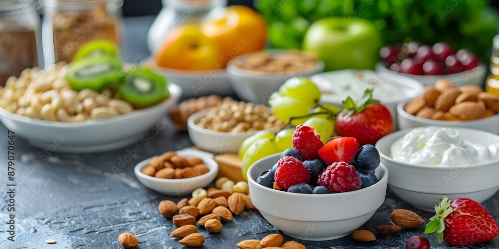 Creating a Mindful Eating Environment with Healthy Snacks like Nuts, Fruits, and Yogurt. Concept Healthy Eating, Mindful Living, Nutritious Snacks, Well-being, Balanced Nutrition Creating a Mindful Eating Environment with Healthy Snacks like Nuts, Fruits, and Yogurt. Concept Healthy Eating, Mindful Living, Nutritious Snacks, Well-being, Balanced Nutrition