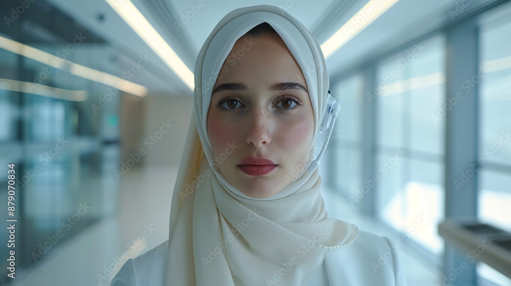 Hijab girl with headset on, clean minimal office, seeing in camera, white setting, ultra-wide angle shot, professional photography. Hijab girl with headset on, clean minimal office, seeing in camera, white setting, ultra-wide angle shot, professional photography.