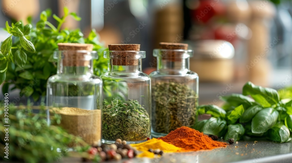Fresh Herbs and Spices in Glass Jars. Fresh Herbs and Spices in Glass Jars.