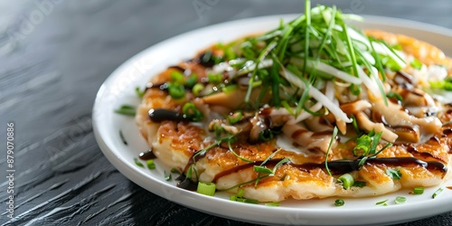 Japanese Okonomiyaki Pancake with Oysters, Bonito, and Scallion Homemade Recipe. Concept Pancake Recipe, Japanese Cuisine, Seafood Dish, Okonomiyaki, Homemade Cooking