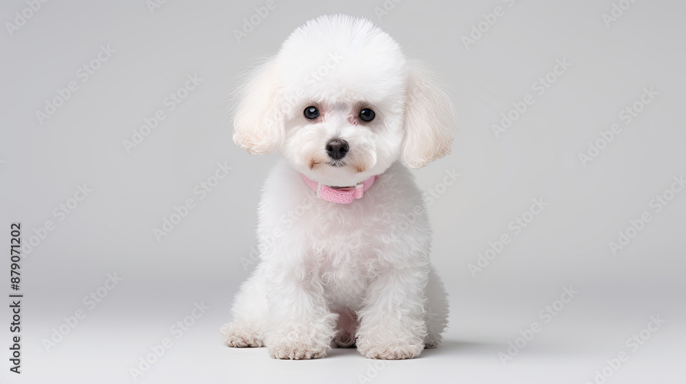 Cute little white Toy Poodle puppy dog full body sitting isolated on white background Cute little white Toy Poodle puppy dog full body sitting isolated on white background