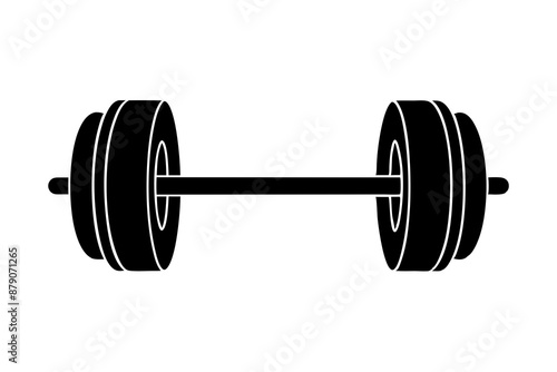 Simple black silhouette dumbbell icon with minimalist flat design for fitness, gym, exercise, weightlifting, and strength training, isolated on white background