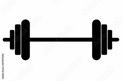 Simple black silhouette dumbbell icon with minimalist flat design for fitness, gym, exercise, weightlifting, and strength training, isolated on white background