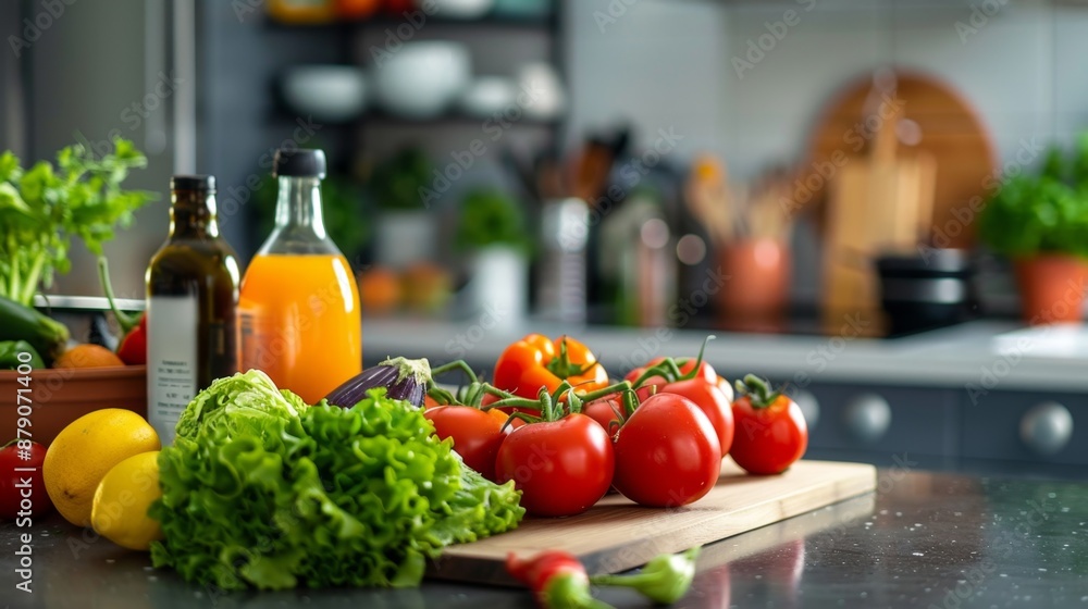 Fresh Vegetables on Cutting Board in Kitchen. Fresh Vegetables on Cutting Board in Kitchen.