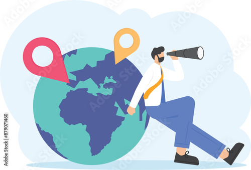 Investment search business. Businessman looking or searching with a spyglass or a telescope. man sits on a globe and broadens horizons. global business vision. future opportunity. Vector

