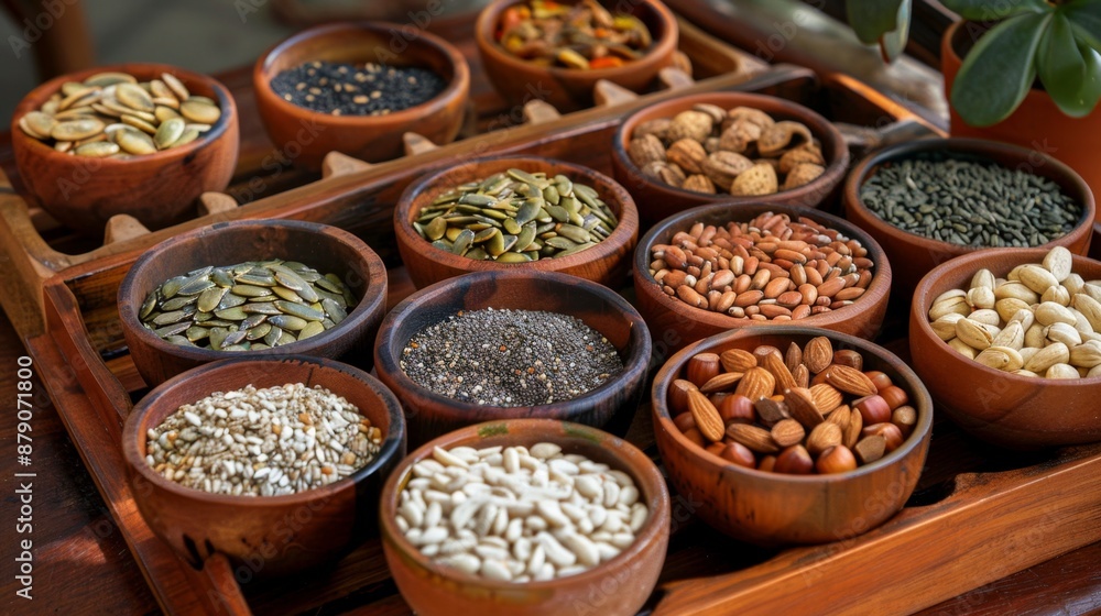 Assortment of Seeds and Nuts in Wooden Bowls. Assortment of Seeds and Nuts in Wooden Bowls.