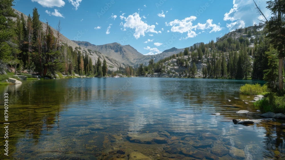 Tranquil Mountain Lake with Crystal Clear Water and Lush Greenery.