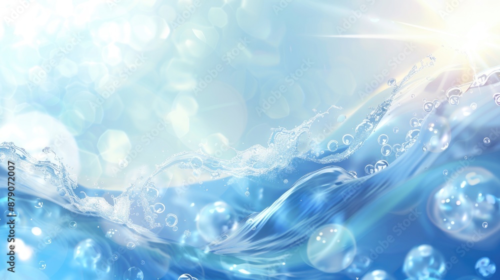 Blue water wave texture with bubbles and sunlight reflections Summer banner background with cosmetic skincare products Blue water wave texture with bubbles and sunlight reflections Summer banner background with cosmetic skincare products