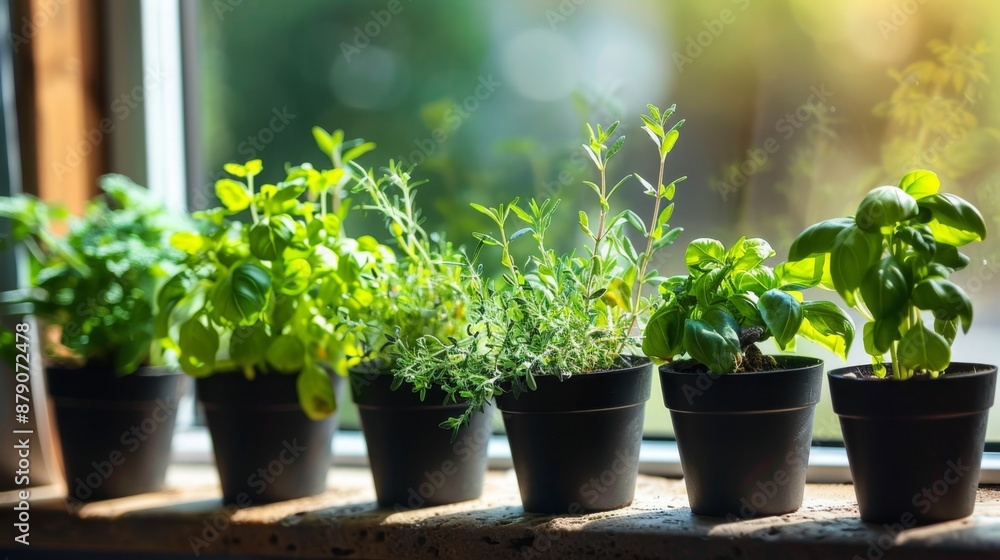 Fresh herbs growing in pots on a window sill. Fresh herbs growing in pots on a window sill.