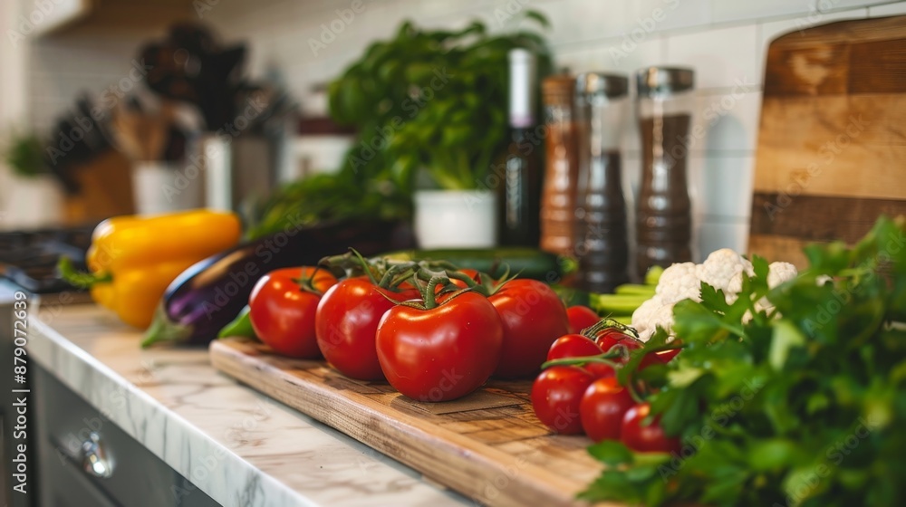 Fresh Tomatoes and Vegetables on a Kitchen Counter. Fresh Tomatoes and Vegetables on a Kitchen Counter.