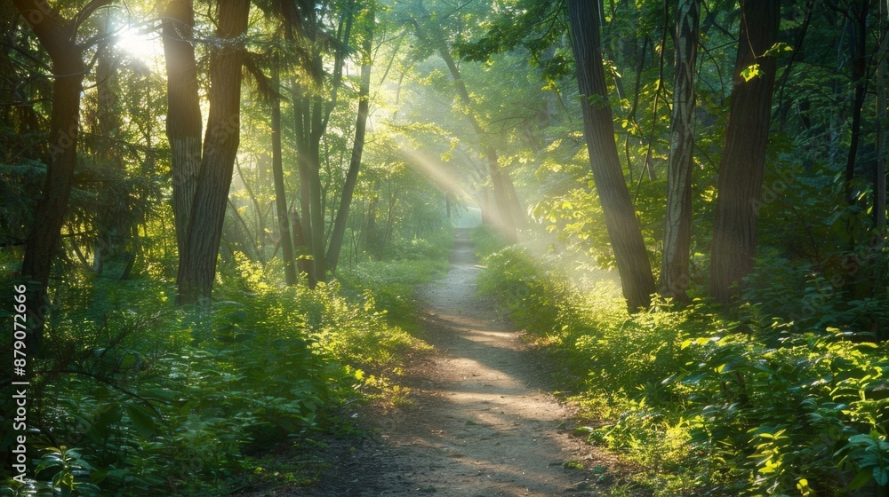 Fototapeta premium Sunbeams Through Forest Path.
