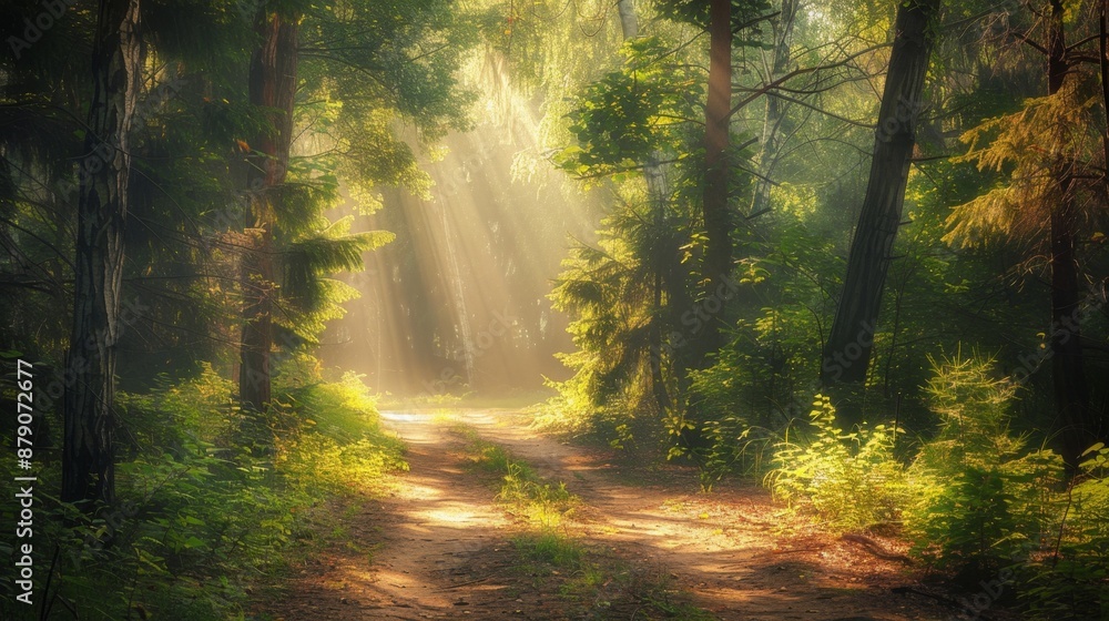 Obraz premium Sunbeams Through Forest Trees.