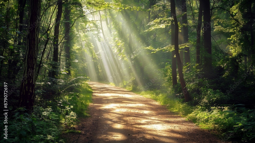 Obraz premium Sunbeams Through Forest Path.
