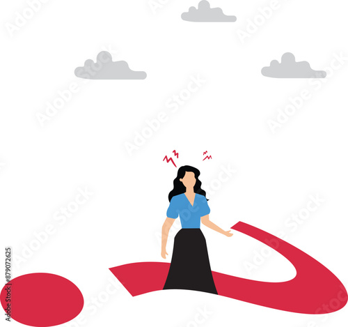 Choosing concept, confused businesswoman thinking with big question mark concept