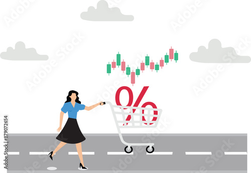 Big discounts or increased dividends from stock investments with happy businesswoman carrying big percentage icon in shopping cart, stock market rising up from economic recovery concept