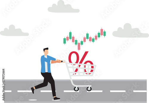 Big discounts or increased dividends from stock investments with happy businessman carrying big percentage icon in shopping cart, stock market rising up from economic recovery concept