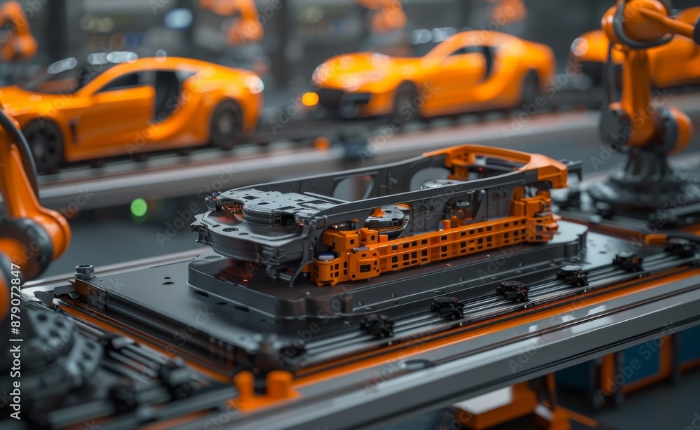 Industrial robotic arms assembling electric vehicle chassis in modern factory Industrial robotic arms assembling electric vehicle chassis in modern factory