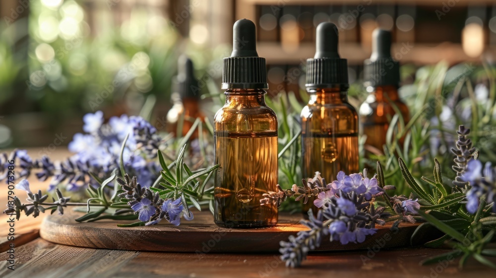Three amber glass bottles filled with essential oils sit among lavender flowers and sprigs on a wooden surface. Three amber glass bottles filled with essential oils sit among lavender flowers and sprigs on a wooden surface.