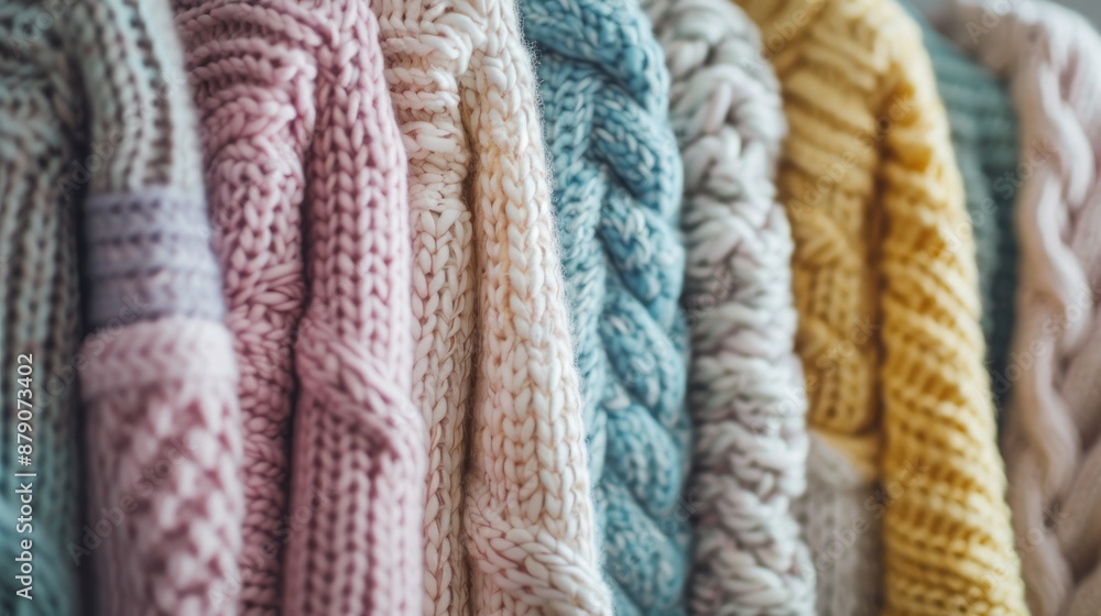 Variety of cozy pastel sweaters with unique vertical knits displayed with detailed texture Trendy autumn winter knitwear Close up shot with space for text Variety of cozy pastel sweaters with unique vertical knits displayed with detailed texture Trendy autumn winter knitwear Close up shot with space for text
