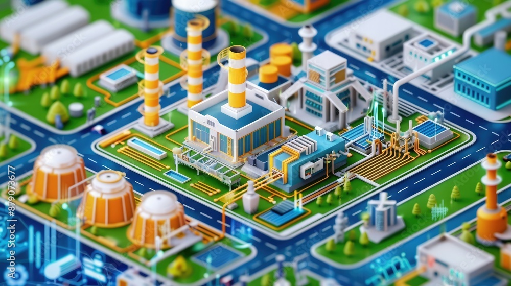 A detailed 3D rendered illustration of an industrial factory complex featuring various buildings, chimneys, roads, and greenery. A detailed 3D rendered illustration of an industrial factory complex featuring various buildings, chimneys, roads, and greenery.