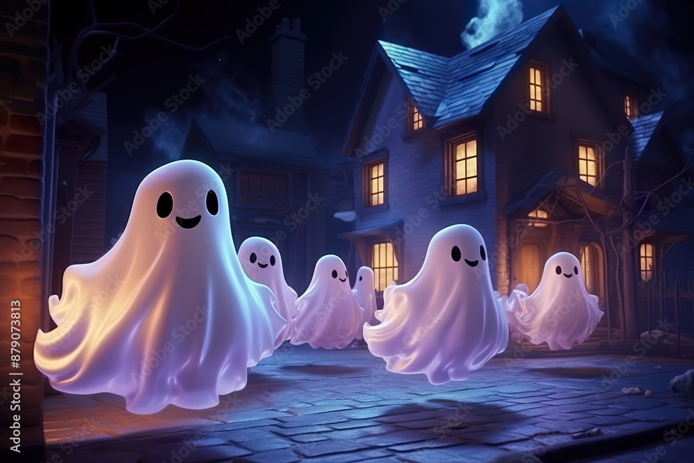 A group of ghosts floating along a dimly lit street under a moonlit sky. A group of ghosts floating along a dimly lit street under a moonlit sky.