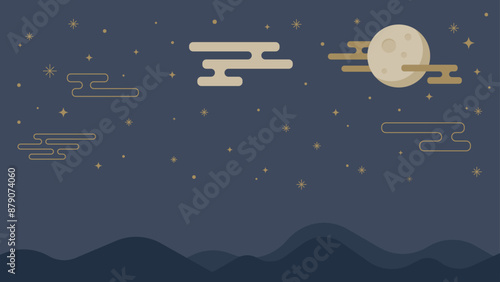 星空と満月と山並みのシンプルな背景イラスト