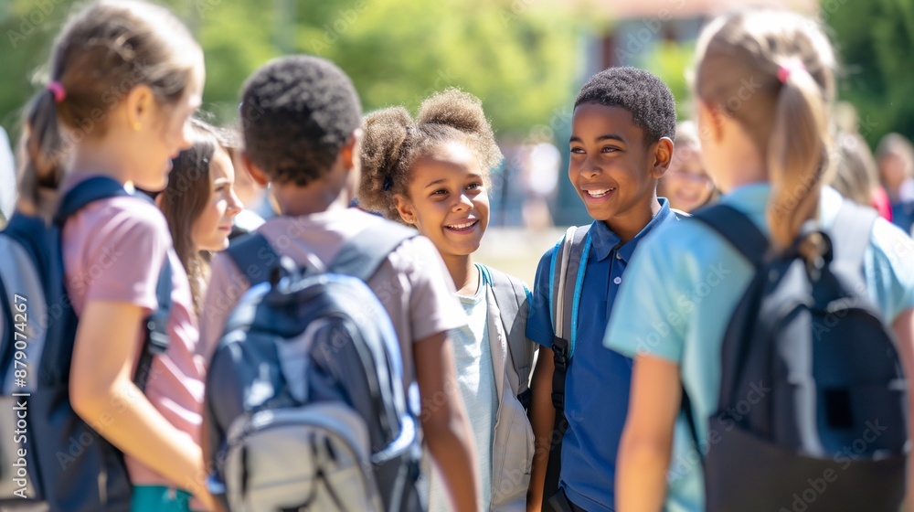 A multicultural group of young students, share happiness and connection, the inclusive and diverse nature of educational environments. friendship, diversity, and the excitement of a new school year A multicultural group of young students, share happiness and connection, the inclusive and diverse nature of educational environments. friendship, diversity, and the excitement of a new school year
