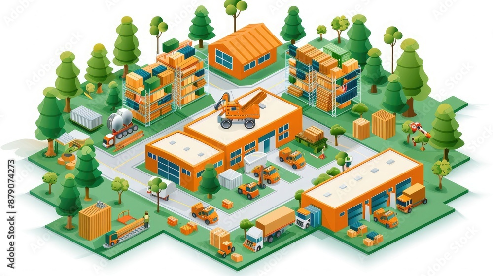Isometric illustration of a distribution center surrounded by trees, with warehouses, trucks, and forklifts handling packages. Isometric illustration of a distribution center surrounded by trees, with warehouses, trucks, and forklifts handling packages.