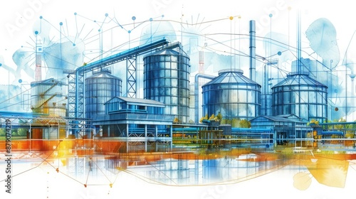 Wallpaper Mural Futuristic illustration of an industrial facility with modern architecture and complex technology. Watercolor style art. Torontodigital.ca