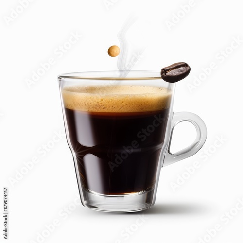 A classic americano with a rich crema, dark and robust with a slight steam rising, a single coffee bean floating