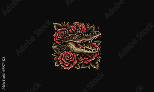 head crocodile with red rose vector tattoo design