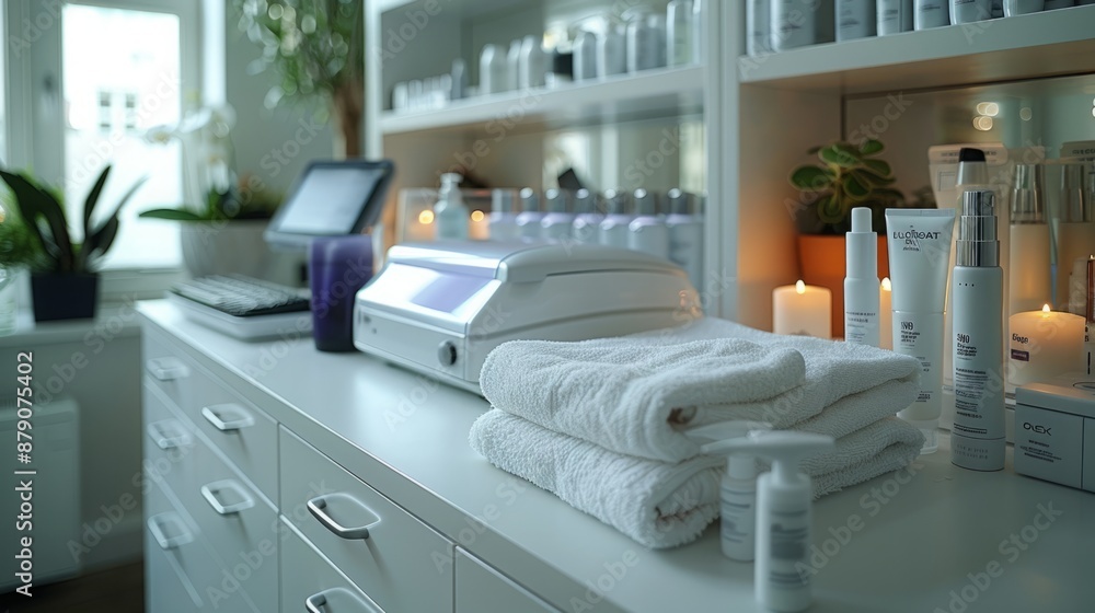 A close-up view of a white countertop in a spa setting with white towels stacked on top. Skincare products, candles, and a white machine are also visible. A close-up view of a white countertop in a spa setting with white towels stacked on top. Skincare products, candles, and a white machine are also visible.