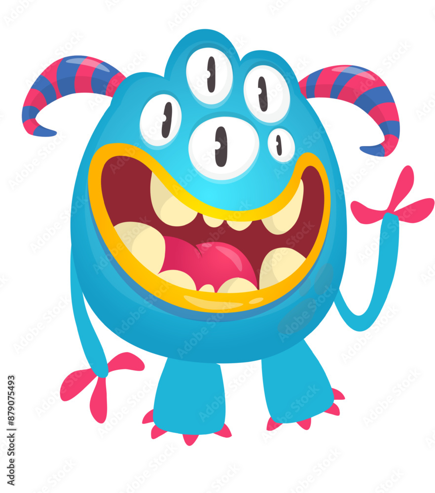 Fototapeta premium Cartoon cute monster with funny excited face expression waving hands . Vector illustration isolated on white. Halloween design