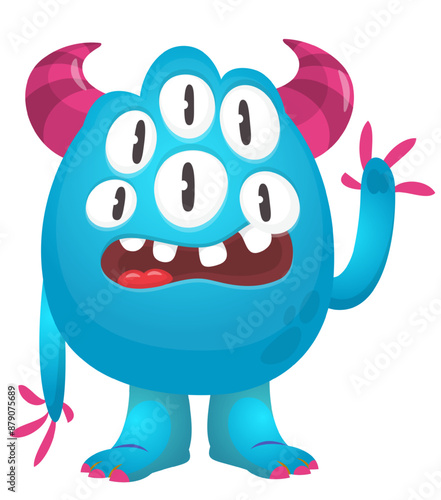 Cartoon cute monster with funny excited face expression waving hands . Vector illustration isolated on white. Halloween design