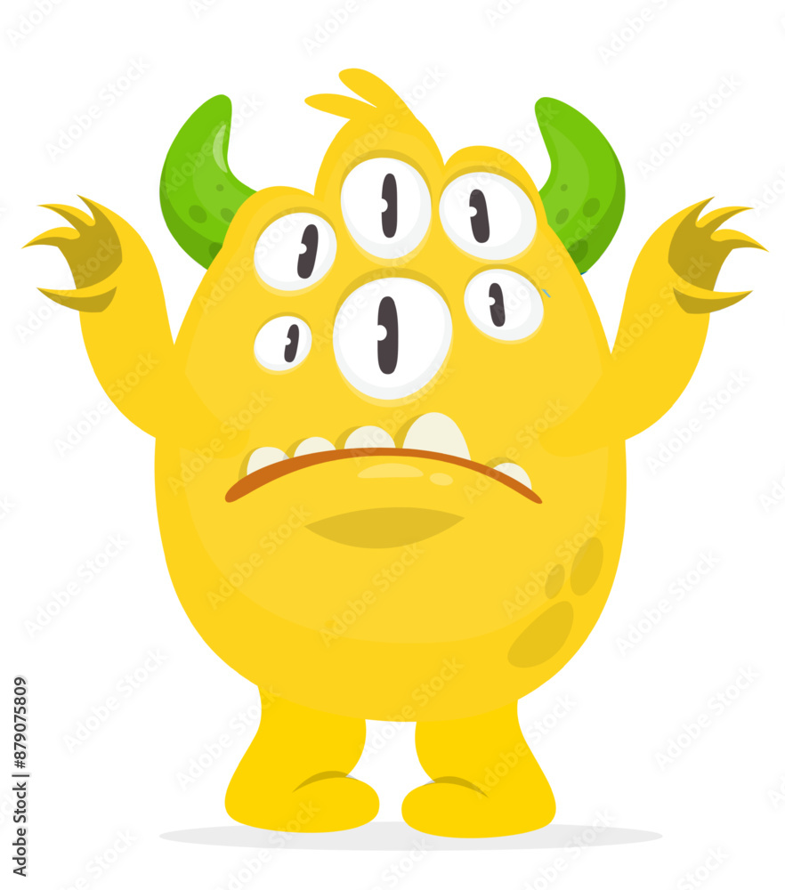 Cartoon cute monster with funny excited face expression waving hands . Vector illustration isolated on white. Halloween design
