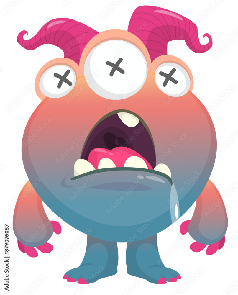 Fototapeta premium Cartoon cute monster with funny excited face expression waving hands . Vector illustration isolated on white. Halloween design