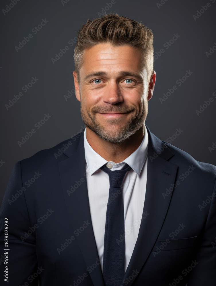 portrait of confident smiling professional handsome male business corporate Hiring Manager with neat appearance wearing smart blue business suit with blazer and tie on dark background front view portrait of confident smiling professional handsome male business corporate Hiring Manager with neat appearance wearing smart blue business suit with blazer and tie on dark background front view