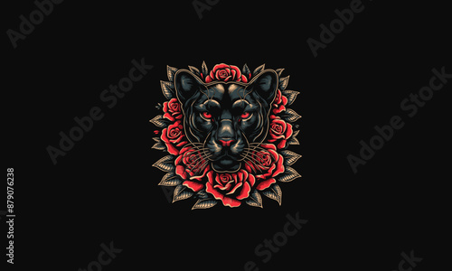 head panther with red rose vector artwork design