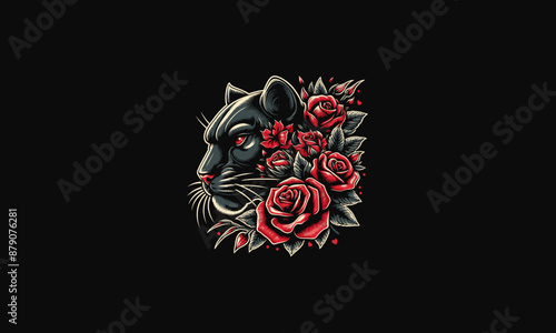 head panther with red rose vector artwork design