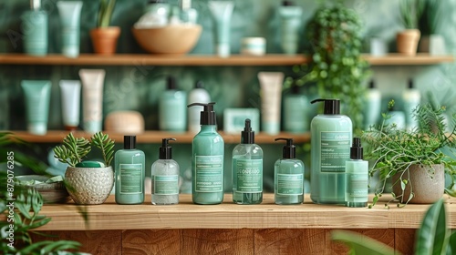 A variety of green beauty products are displayed on a wooden shelf, surrounded by greenery. The products include bottles, jars, and tubes.