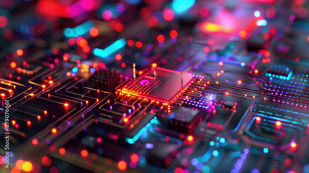 High-Tech Silicon Microchip with Holographic Integrated Circuits, Futuristic Electronics High-Tech Silicon Microchip with Holographic Integrated Circuits, Futuristic Electronics