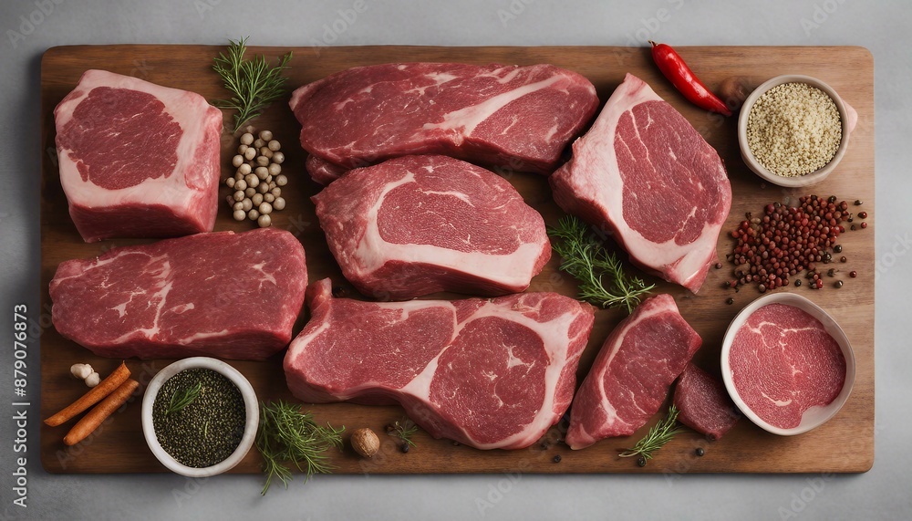 Fresh raw beef cuts decrease in size from left to right alongside whole peppercorn thyme rosemary garlic and black pepper. Fresh raw beef cuts decrease in size from left to right alongside whole peppercorn thyme rosemary garlic and black pepper.