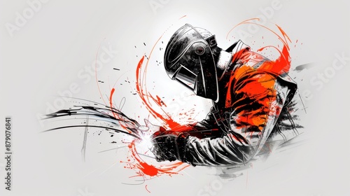 A sleek and modern logo design featuring a welder in action with red and black colors, showcasing dynamic movement and intricate details on a crisp white background