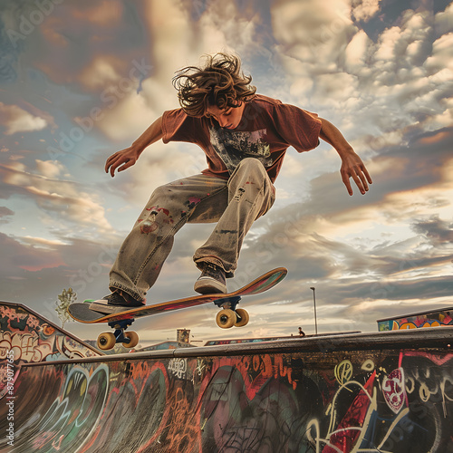 Obraz na płótnie A young boy skating in skateboard rink. w salonie